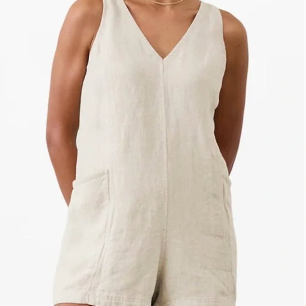 NWT Athleta Retreat Cream Linen Jumpsuit Romper Size Medium - Picture 8 of 11